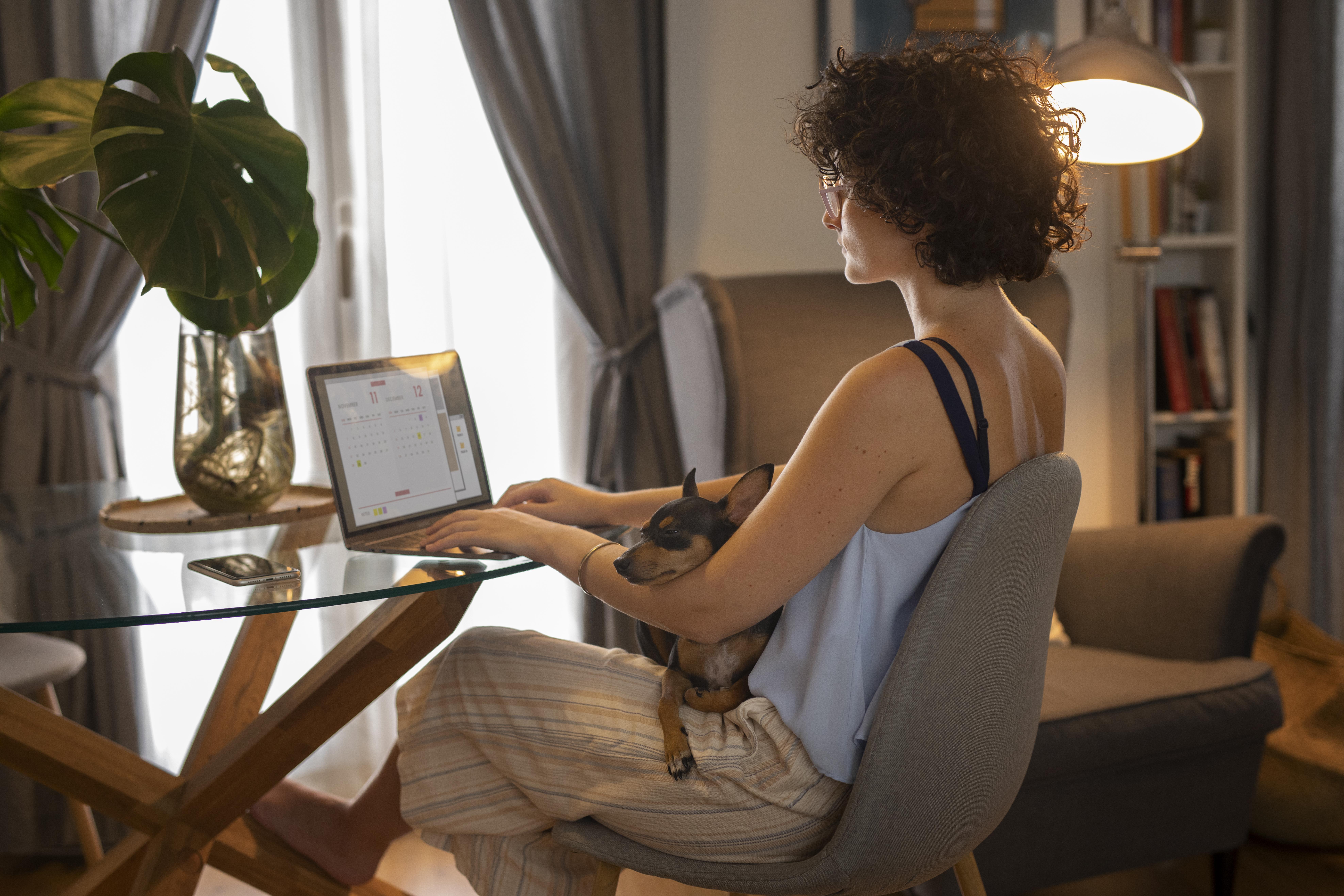 femeie lucrand de acasa pe laptop cu un caine in brate - Office Direct