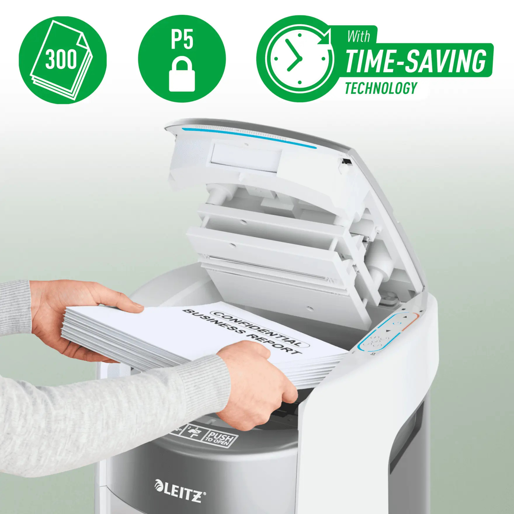 Distrugator documente automat, micro cross-cut, LEITZ IQ OptiMax Office 300 Distrugator documente automat, micro cross-cut, LEITZ IQ OptiMax Office 300
