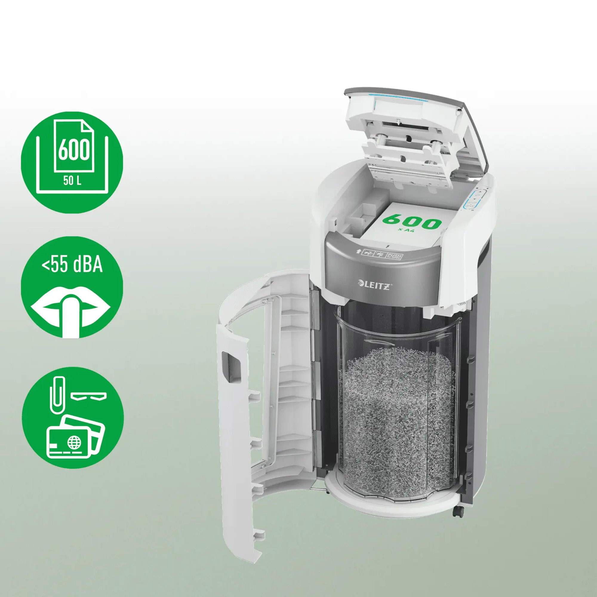 Distrugator documente automat, micro cross-cut, LEITZ IQ OptiMax Office Pro 600 Distrugator documente automat, micro cross-cut, LEITZ IQ OptiMax Office Pro 600