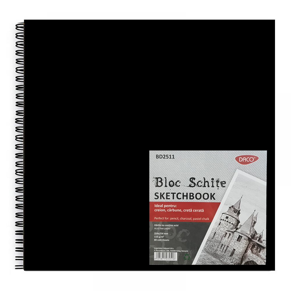 Bloc hartie neagra 110 g cu spira, DACO Sketchbook, 80 file